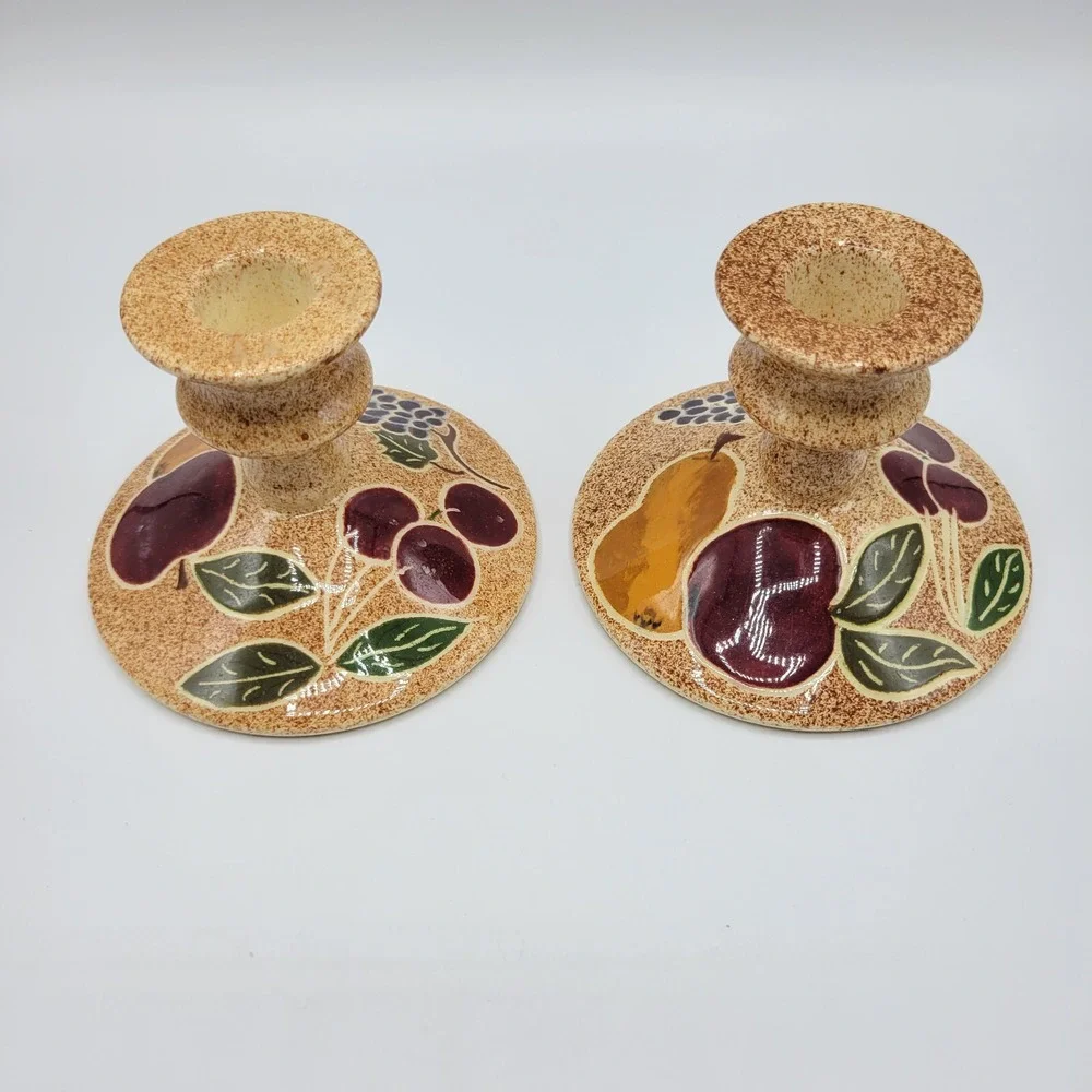 Folk Art Glazed Pottery Pair Candle Stick Holders Signed ARTIA Cherries Fruits